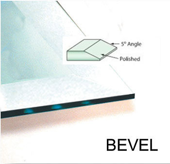 An example of a beveled edge on a glass tabletop. Bevels are normally 1/2" to 1" deep and are put on 1/4" glass and thicker.